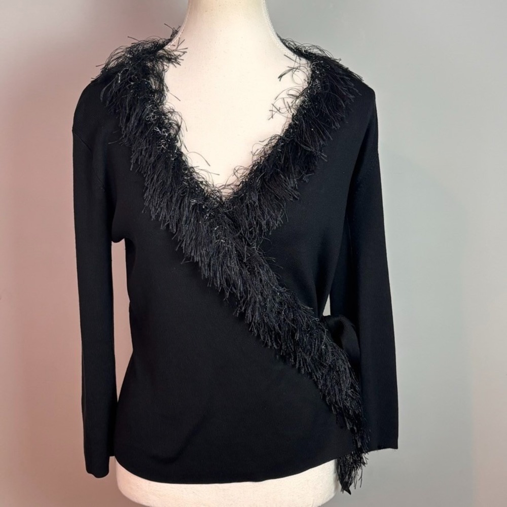 Sorbe womens Black Silk Blend Long Sleeve Feather Trim Wrap Sweater MED Mobwife